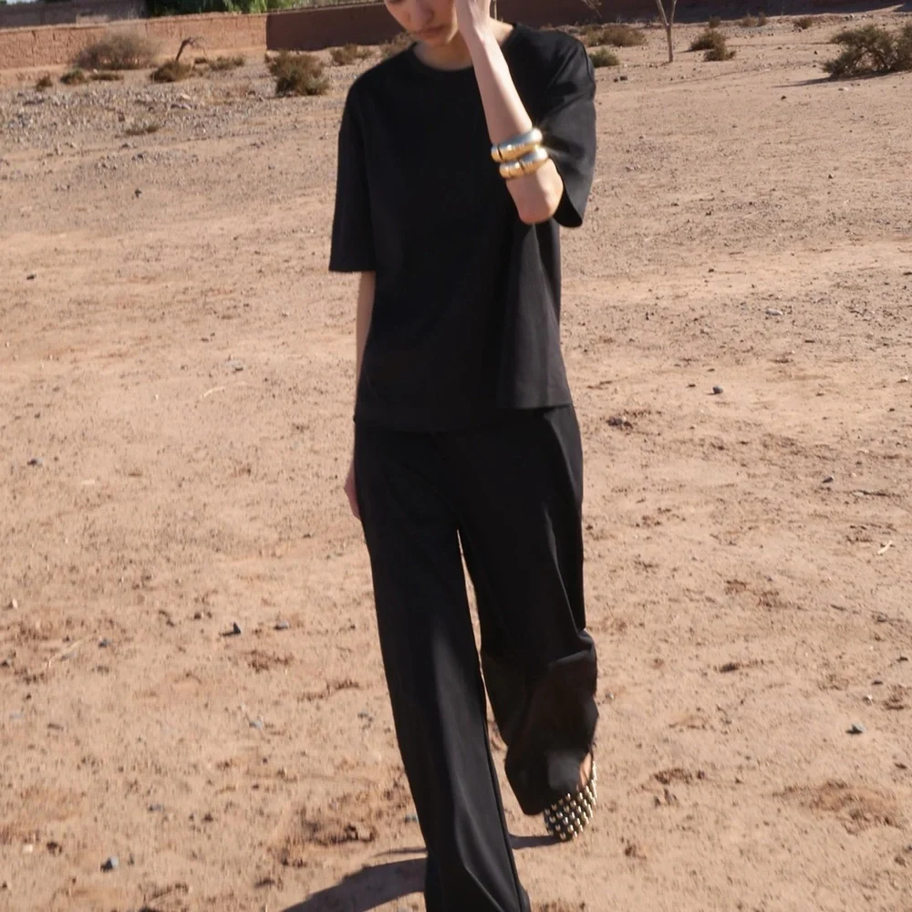 Zara NWT 2 piece matching SET black faux suede tee shirt & wide leg pants